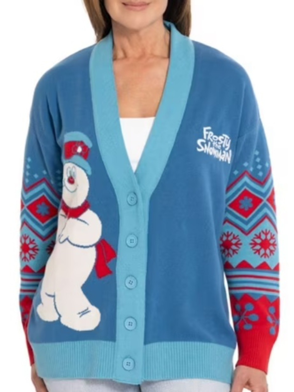 NWT FROSTY THE SNOWMAN Blue & White Long Sleeve Cardigan Sweater Size Large